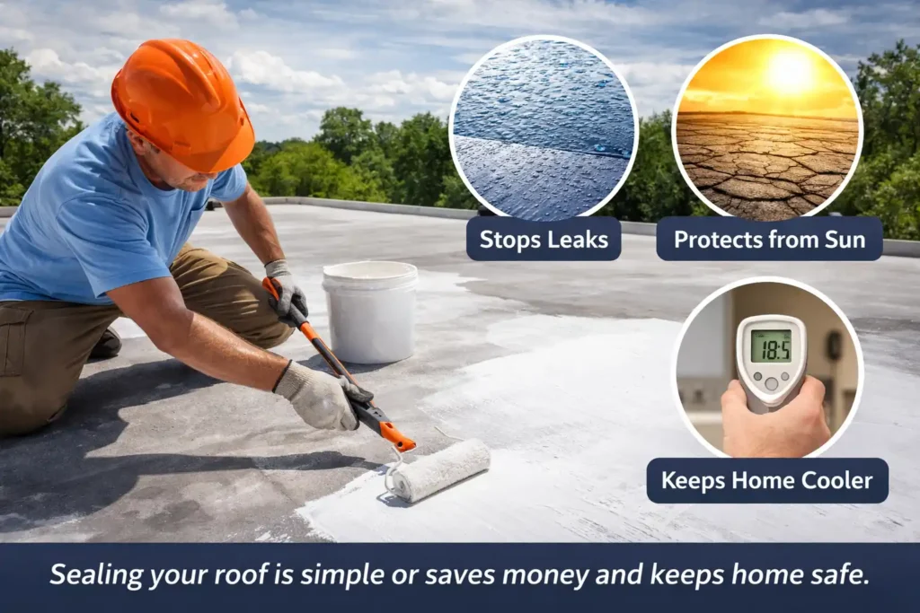 Worker applying protective roof coating with a roller to seal leaks, reflect sunlight, and keep the home cooler.
