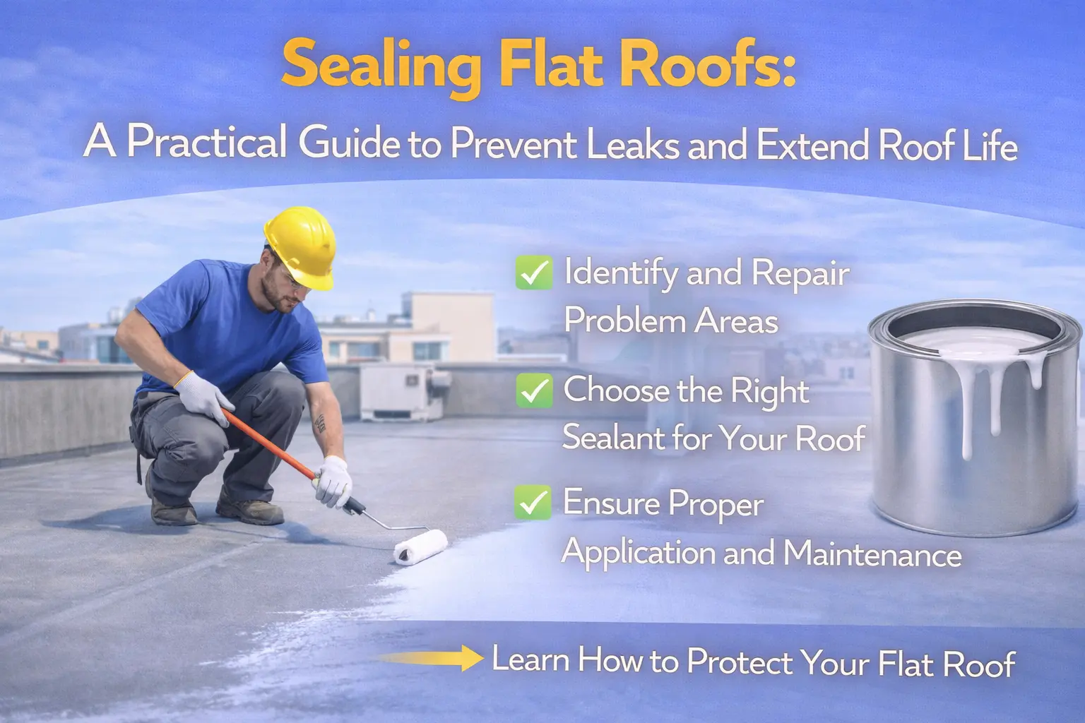 Guide on sealing flat roofs to prevent leaks and extend roof lifespan. Contractor applying white sealant with a roller alongside a checklist for repairs.