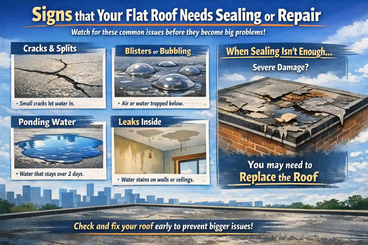 Common signs for flat roof repair including cracks, blisters, and ponding. Infographic highlighting when to seal a roof versus a full replacement.