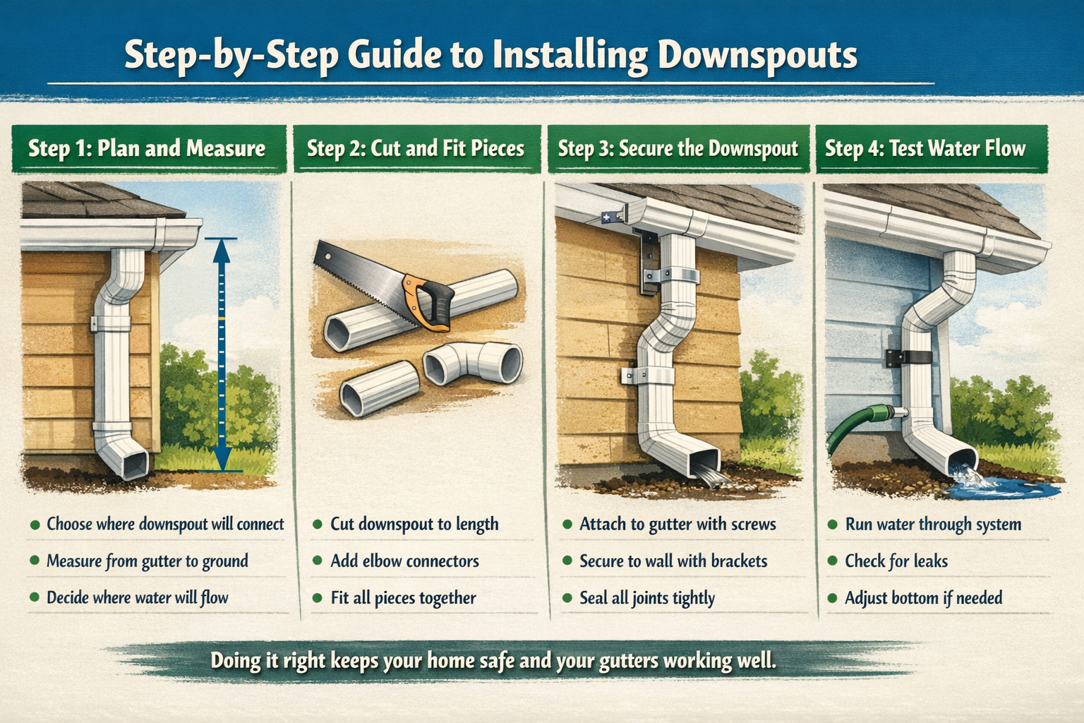 A four-panel infographic titled "Step-by-Step Guide to Installing Downspouts" showing how to measure the gutter, cut PVC pieces with a saw, and secure brackets to a wall. The final steps illustrate sealing the joints and using a garden hose to test water flow and check for leaks at the base of the home.