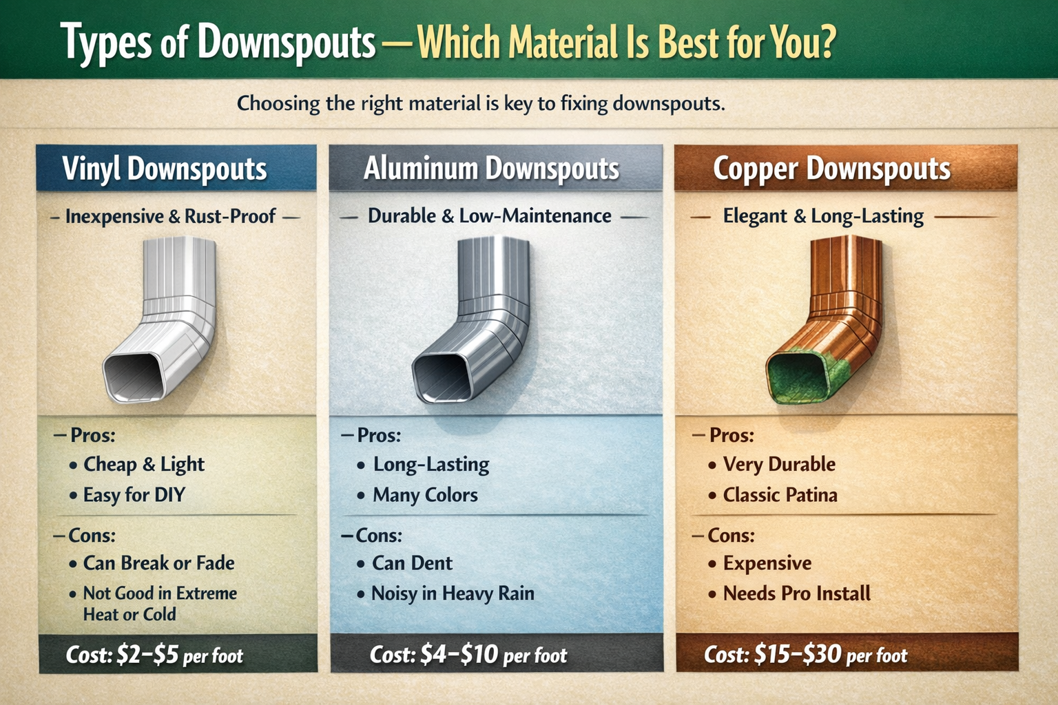 A comparison chart of Vinyl, Aluminum, and Copper downspouts showing photos of each material alongside their respective pros, cons, and price points. A comparison chart of Vinyl, Aluminum, and Copper downspouts showing photos of each material alongside their respective pros, cons, and price points. The graphic highlights key differences such as Vinyl's affordability, Aluminum's durability in many colors, and Copper's high-end appeal with a classic patina.