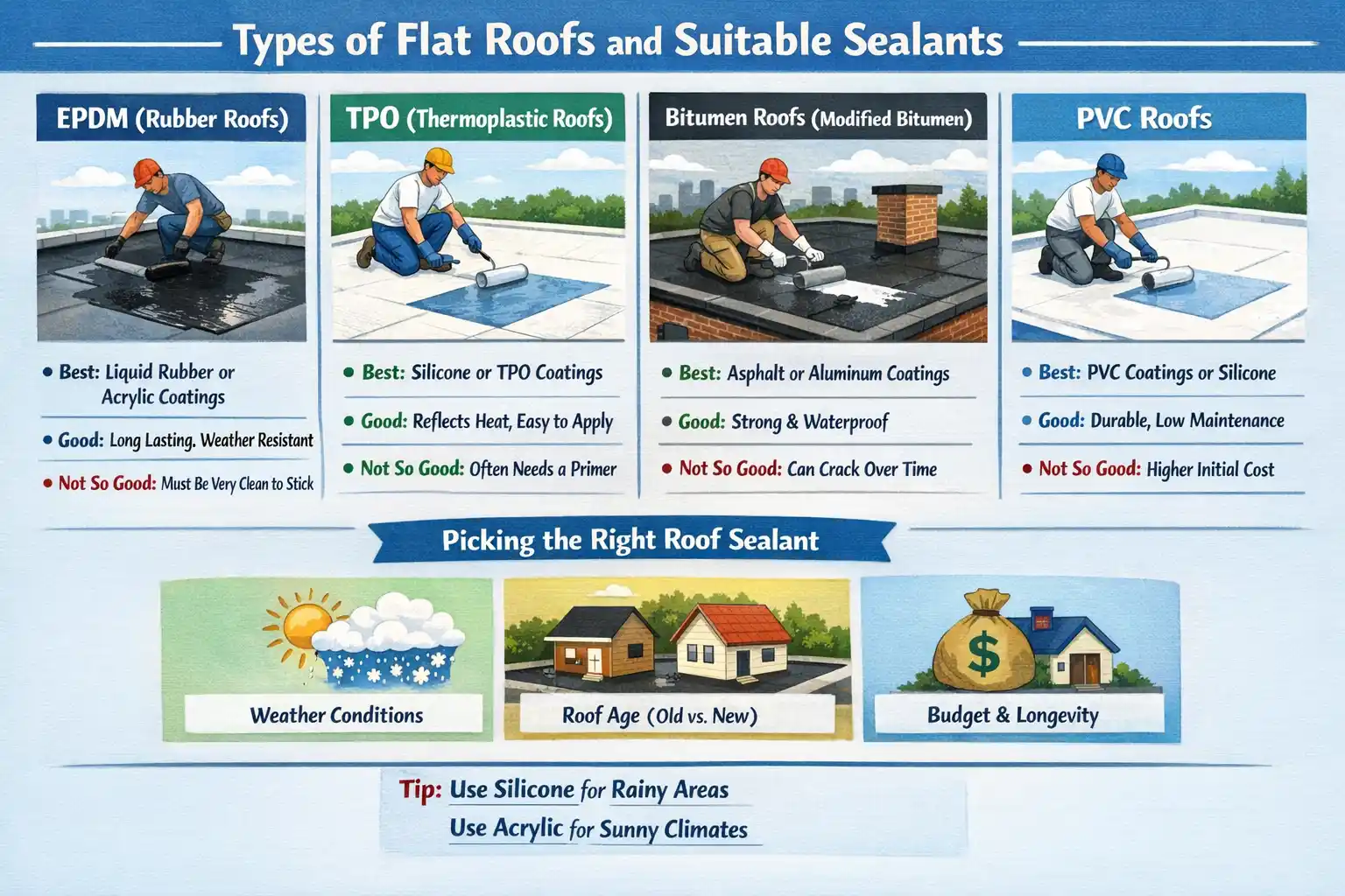 Infographic showing EPDM, TPO, bitumen, and PVC flat roofs with recommended sealants, pros and cons, plus tips on selecting coatings based on weather, roof age, and budget.
