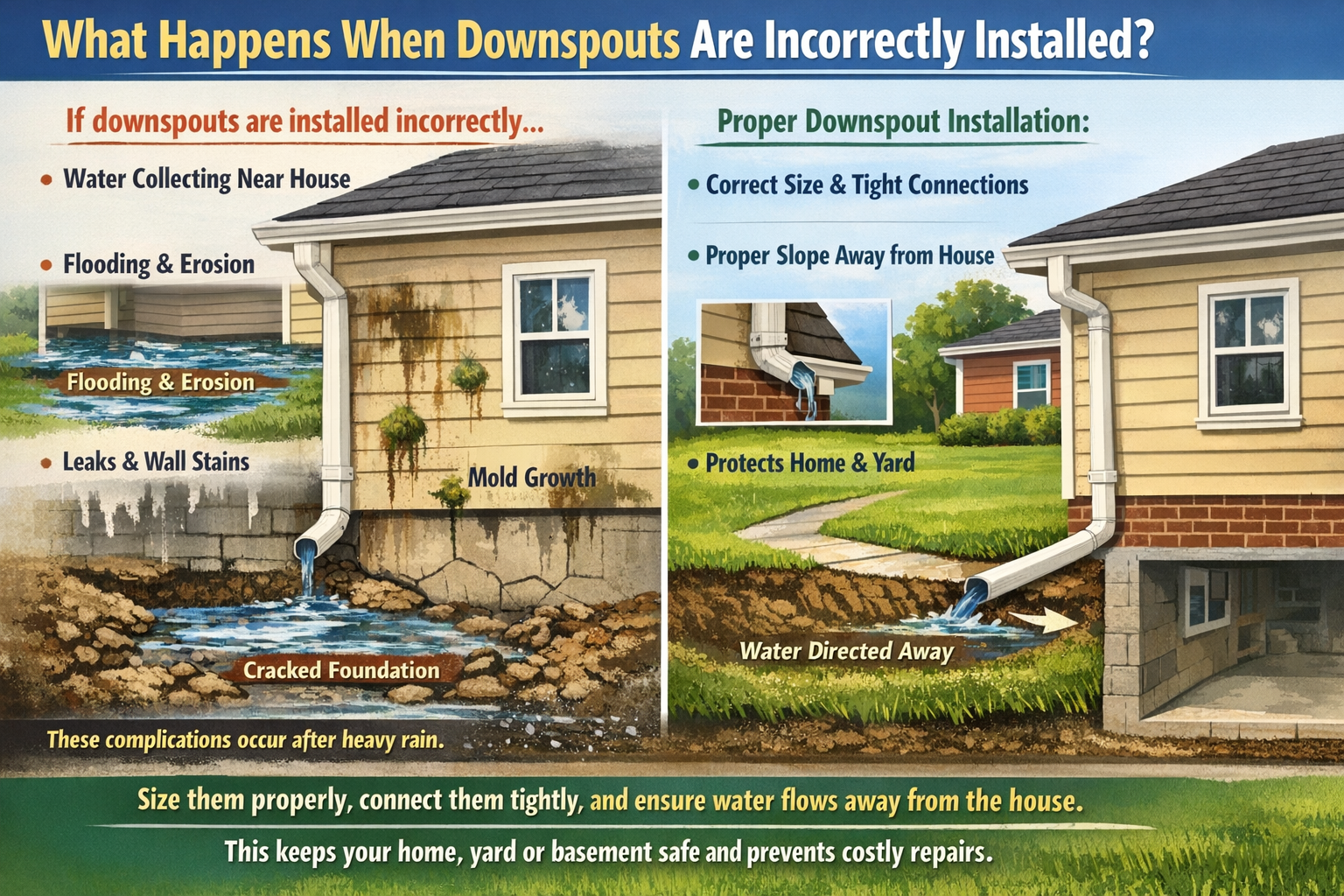 A side-by-side visual comparison showing the damage caused by poorly installed downspouts versus the benefits of proper installation. The "Incorrect" side illustrates mold growth, flooding, and a cracked foundation, while the "Proper" side shows water being safely directed away from the house via a sloped extension.