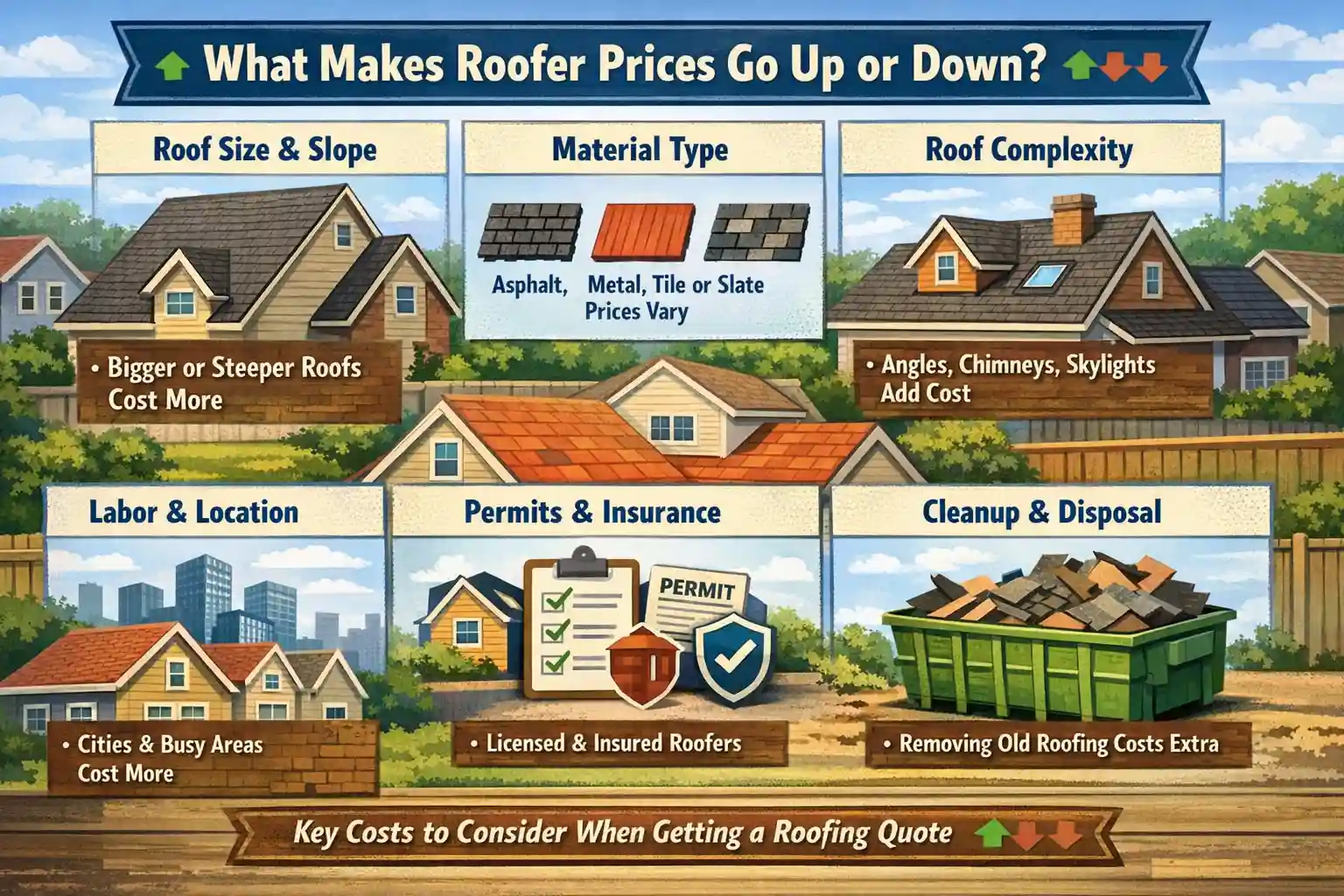 Infographic explaining factors affecting roofing costs: size, slope, material type (asphalt, metal, tile), complexity (skylights, chimneys), labor, location, permits, and debris disposal.