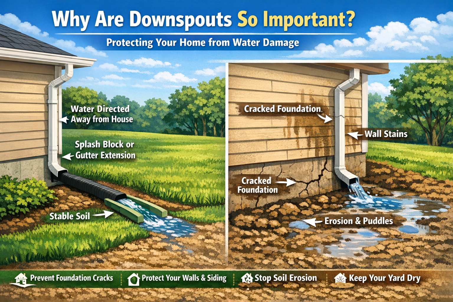 A comparative illustration showing a home with a gutter extension and splash block directing water safely onto stable soil versus a home without one. The right side of the graphic highlights the severe consequences of poor drainage, including wall stains, erosion, puddles, and deep cracks in the home's foundation.