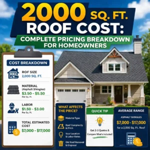 This infographic uses a clipboard and house visual to detail the specific costs associated with a 2,000 sq. ft. roof. It breaks down the math behind a professional estimate: