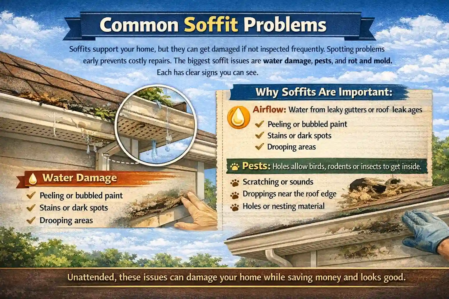 An educational infographic titled "Common Soffit Problems" that identifies signs of damage in home eaves. The graphic details symptoms of water damage, such as peeling paint and dark stains, and signs of pest infestations, including nesting materials and holes. Visual aids show a house with leaking gutters and damaged soffit panels to help homeowners spot issues early.