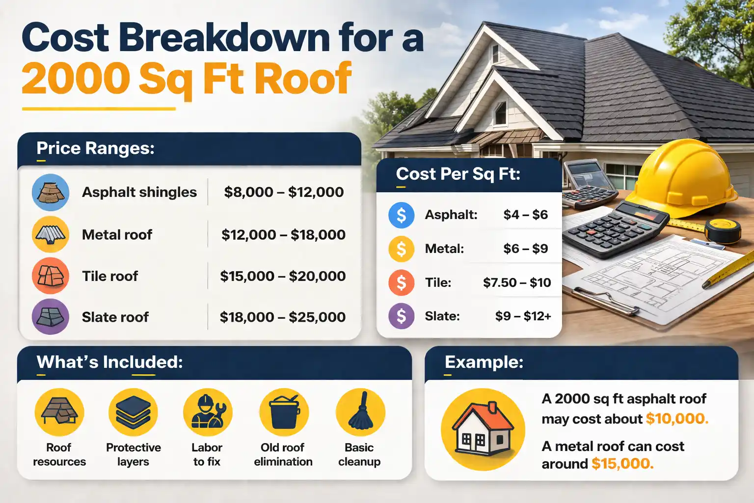 This infographic displays price estimates for replacing a 2,000-square-foot roof based on different materials. The visual includes a suburban house, a calculator, and organized data tables.