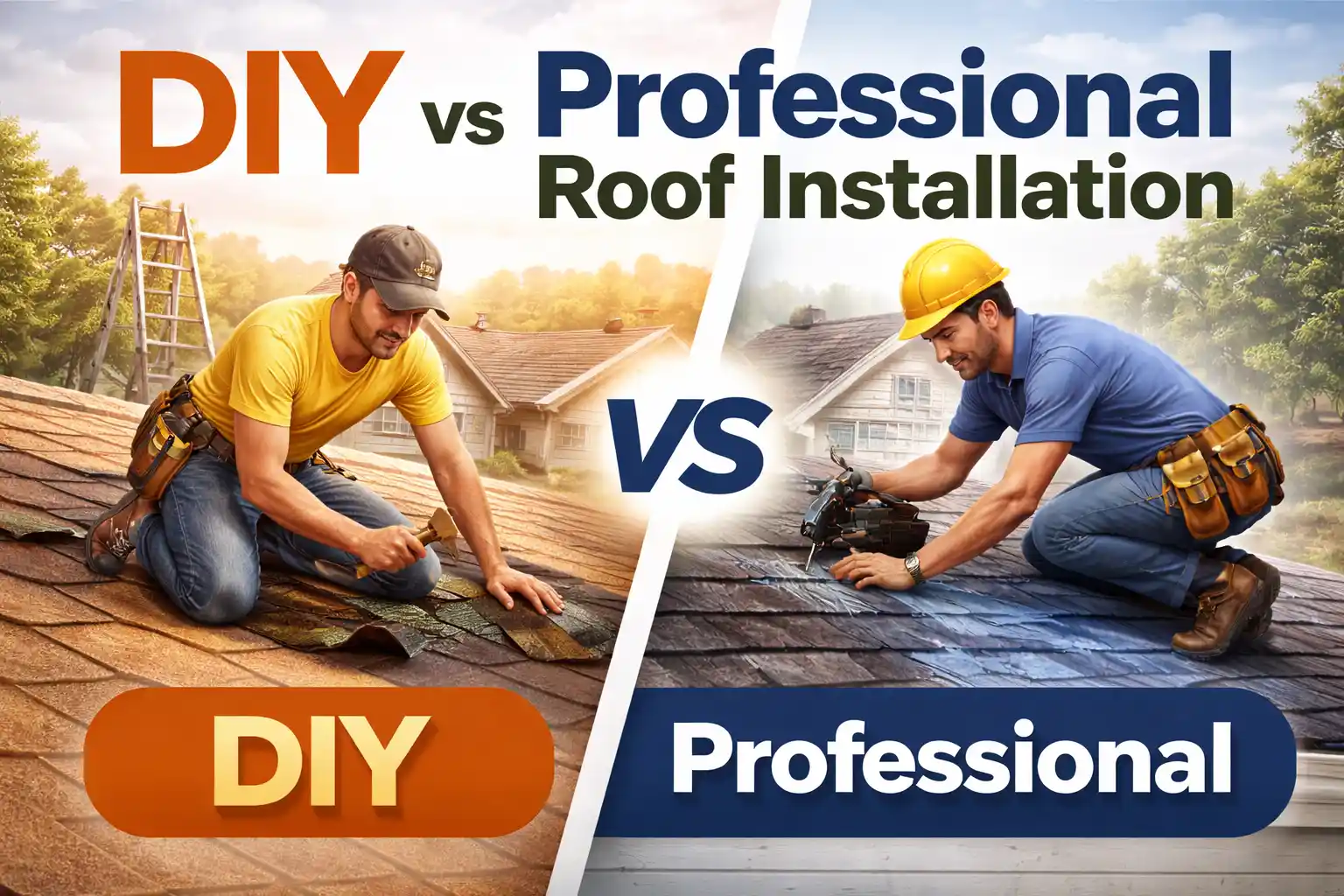 This infographic presents a side-by-side comparison between doing roof work yourself and hiring a contractor. It features a split visual: