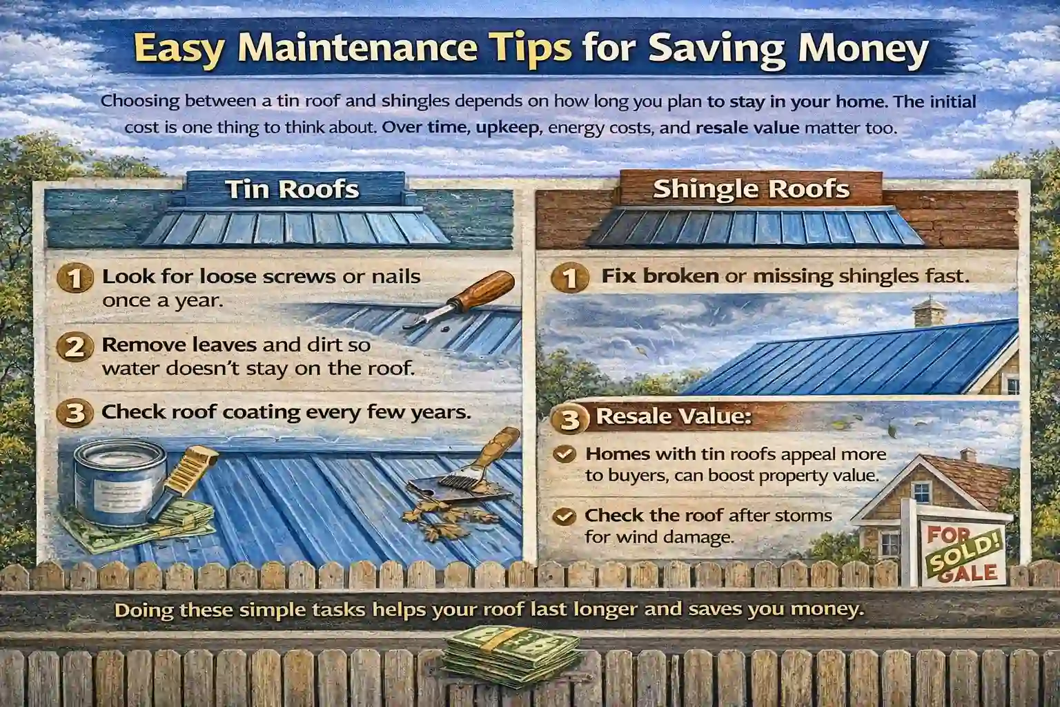 An educational infographic titled "Easy Maintenance Tips for Saving Money" comparing maintenance tasks for Tin Roofs and Shingle Roofs. The graphic provides a three-step checklist for each material, such as checking for loose screws on metal roofs and fixing broken shingles quickly. It also highlights the resale value benefits of tin roofs and features an illustration of a "Sold" sign in front of a suburban home.