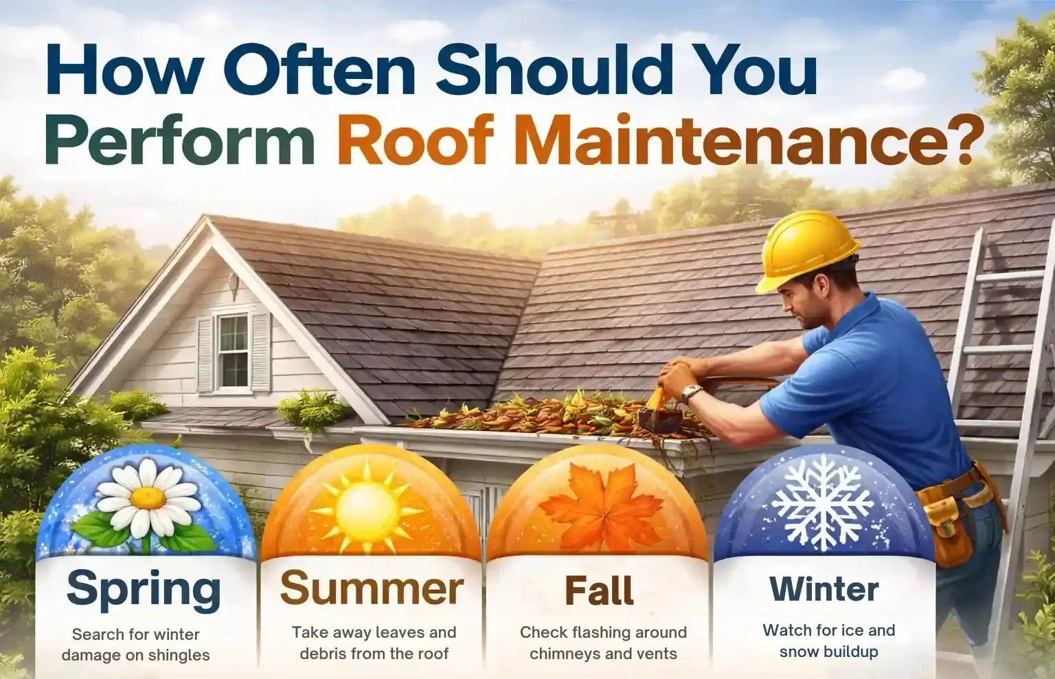 An infographic titled "How Often Should You Perform Roof Maintenance?" depicting a worker in a yellow hard hat cleaning gutters on a residential house. The graphic is divided into four seasonal categories—Spring, Summer, Fall, and Winter—each represented by a unique icon (flower, sun, autumn leaf, and snowflake) and placeholder text to guide homeowners through a year-round roof care schedule.