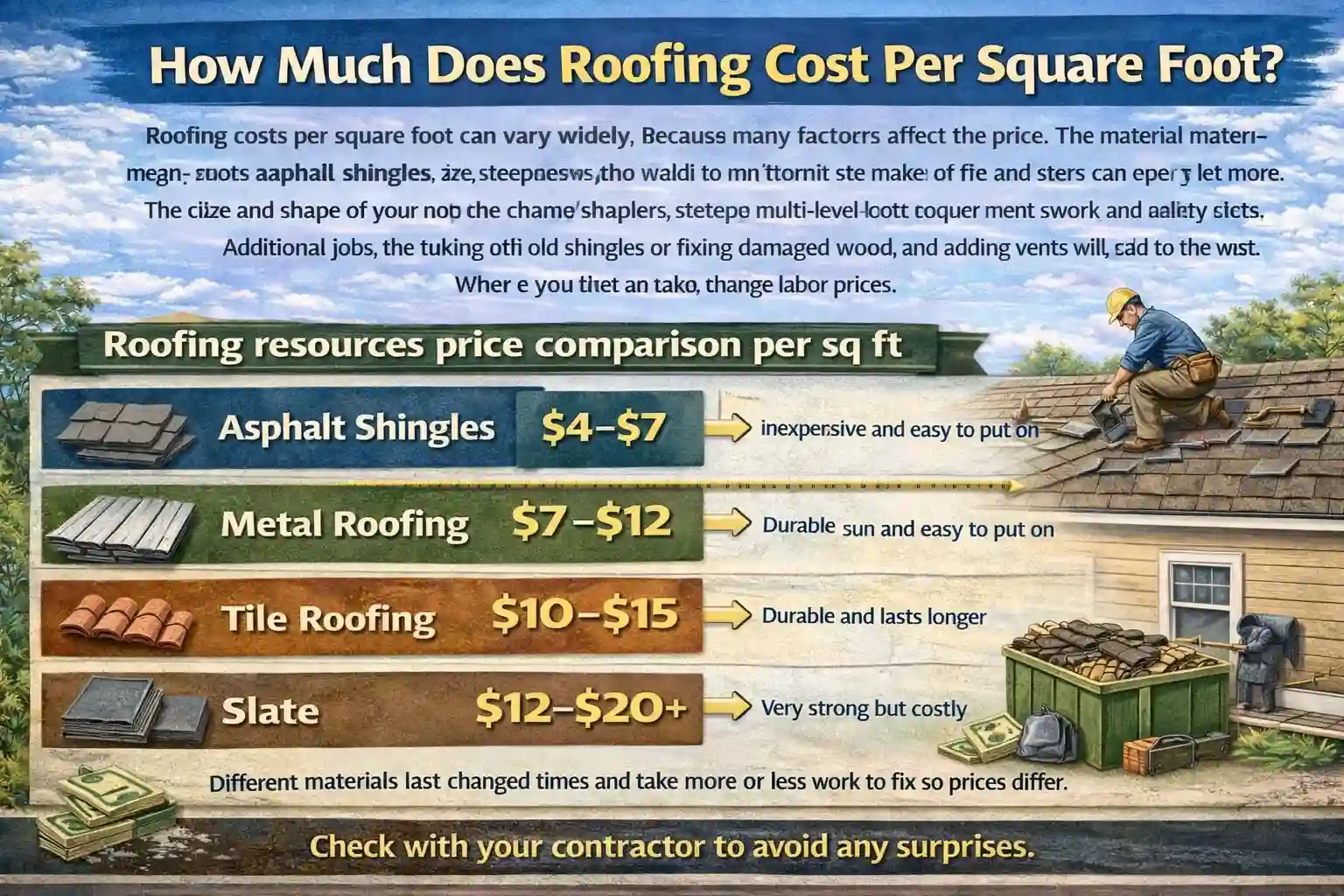 An educational infographic titled "How Much Does Roofing Cost Per Square Foot?" comparing four common materials. The graphic lists price ranges: Asphalt Shingles ($4–$7), Metal Roofing ($7–$12), Tile Roofing ($10–$15), and Slate ($12–$20+). It features illustrations of a roofer installing shingles, stacks of roofing materials, and a dumpster for old debris, highlighting that costs vary based on material durability and labor complexity.