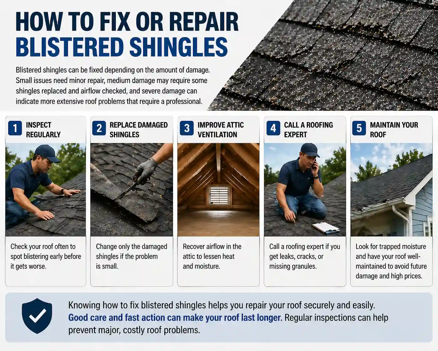 Infographic on how to fix or repair blistered shingles, including steps like inspecting the roof regularly, replacing damaged shingles, improving attic ventilation, and calling a roofing expert for severe damage. Learn effective roof maintenance to prevent future issues.