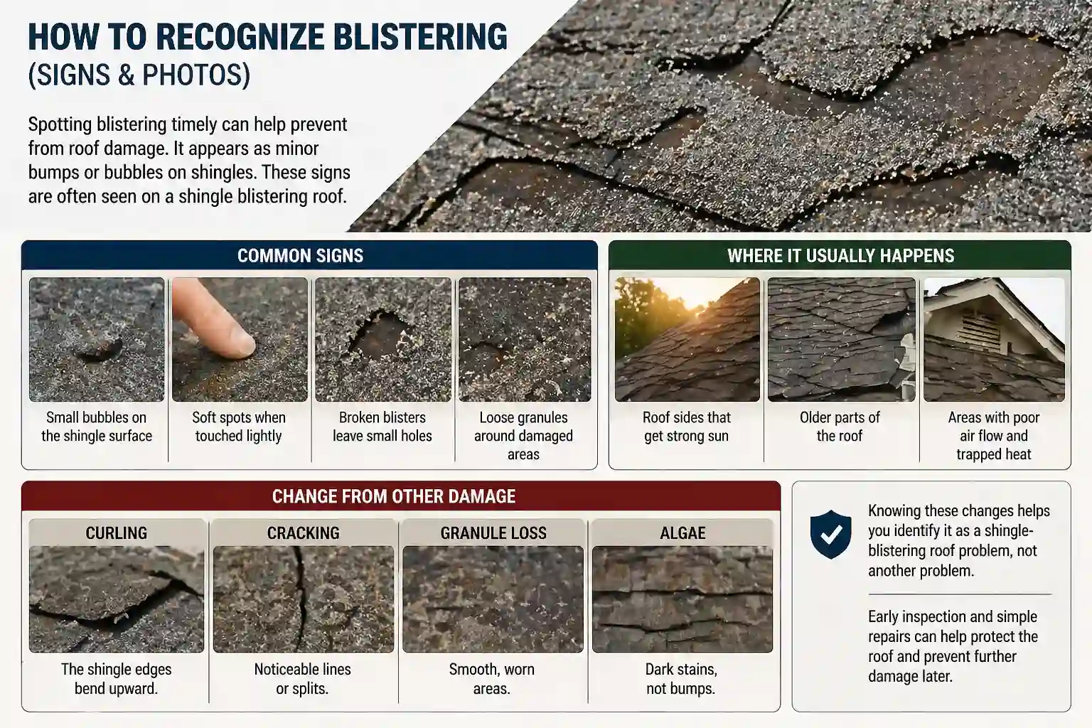 Guide showing roof blistering signs like bubbles and soft spots, plus comparisons to curling, cracking, and algae.