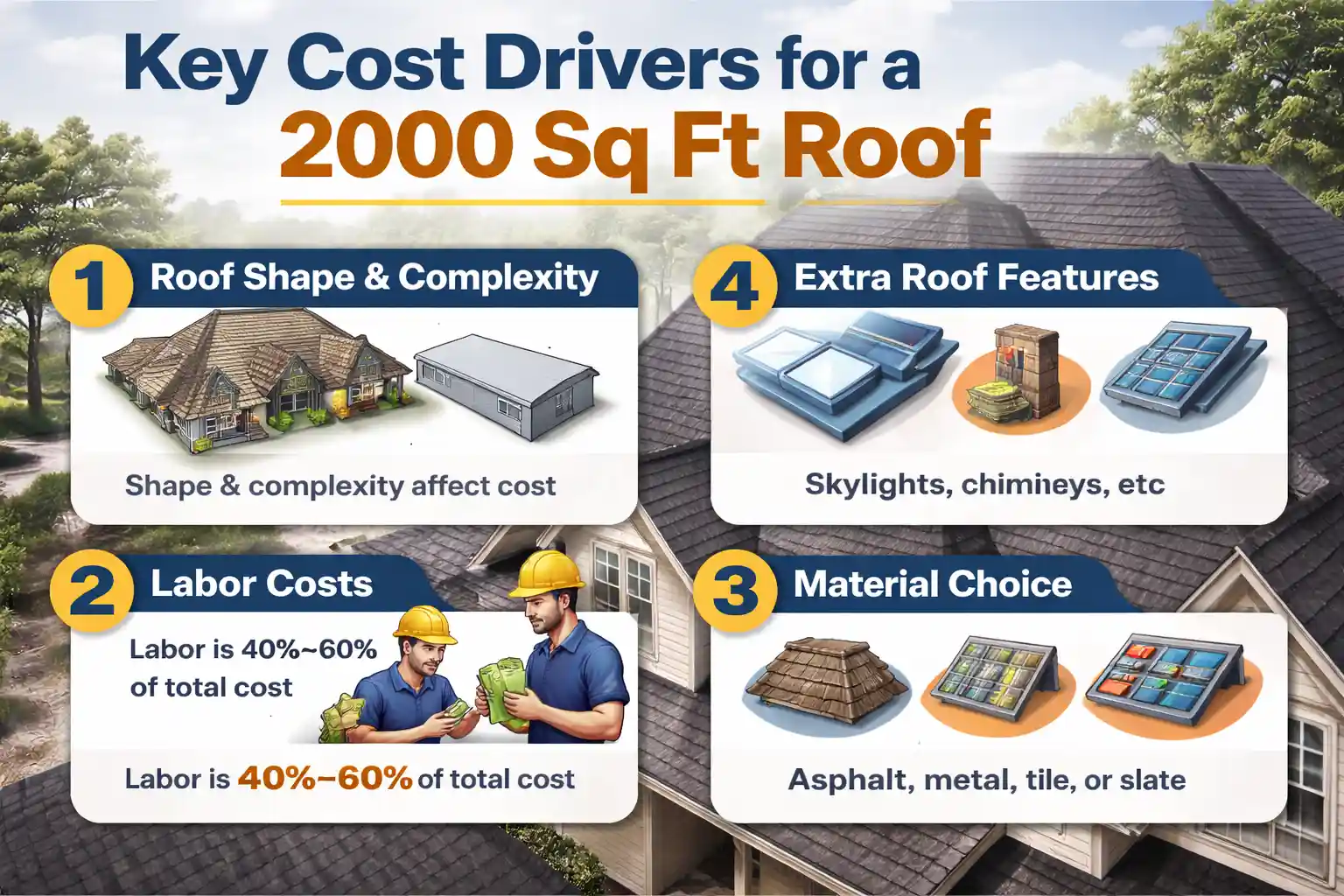 This infographic uses a numbered list to explain the four main variables in roofing costs, set against a background of a residential home.