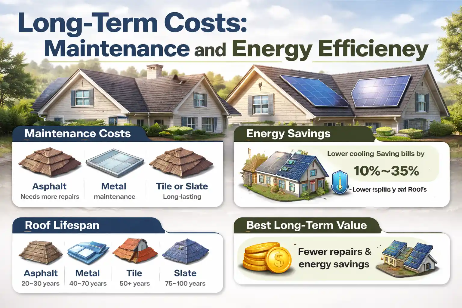 The infographic highlights how roof choice affects ongoing expenses and energy savings, featuring houses with various roofing styles, including solar panels.