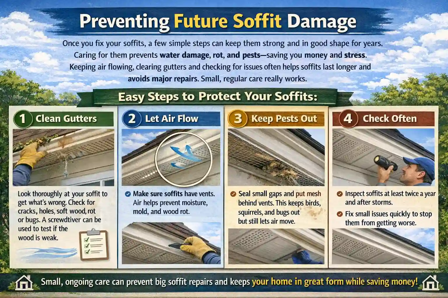 An informative infographic titled "Preventing Future Soffit Damage" outlining four maintenance steps to protect home eaves. The guide emphasizes cleaning gutters, ensuring airflow, keeping pests out, and conducting regular inspections. It features instructional images such as a homeowner clearing debris from a gutter and using a flashlight to check for cracks or rot.