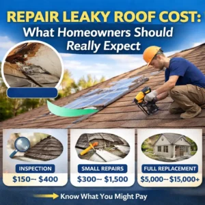This infographic provides price ranges for different levels of roof maintenance and repair. It features a central image of a roofer using a nail gun on a shingle roof, with a smaller inset showing water damage on an interior ceiling. The bottom of the graphic is divided into three cost-estimate tiers: