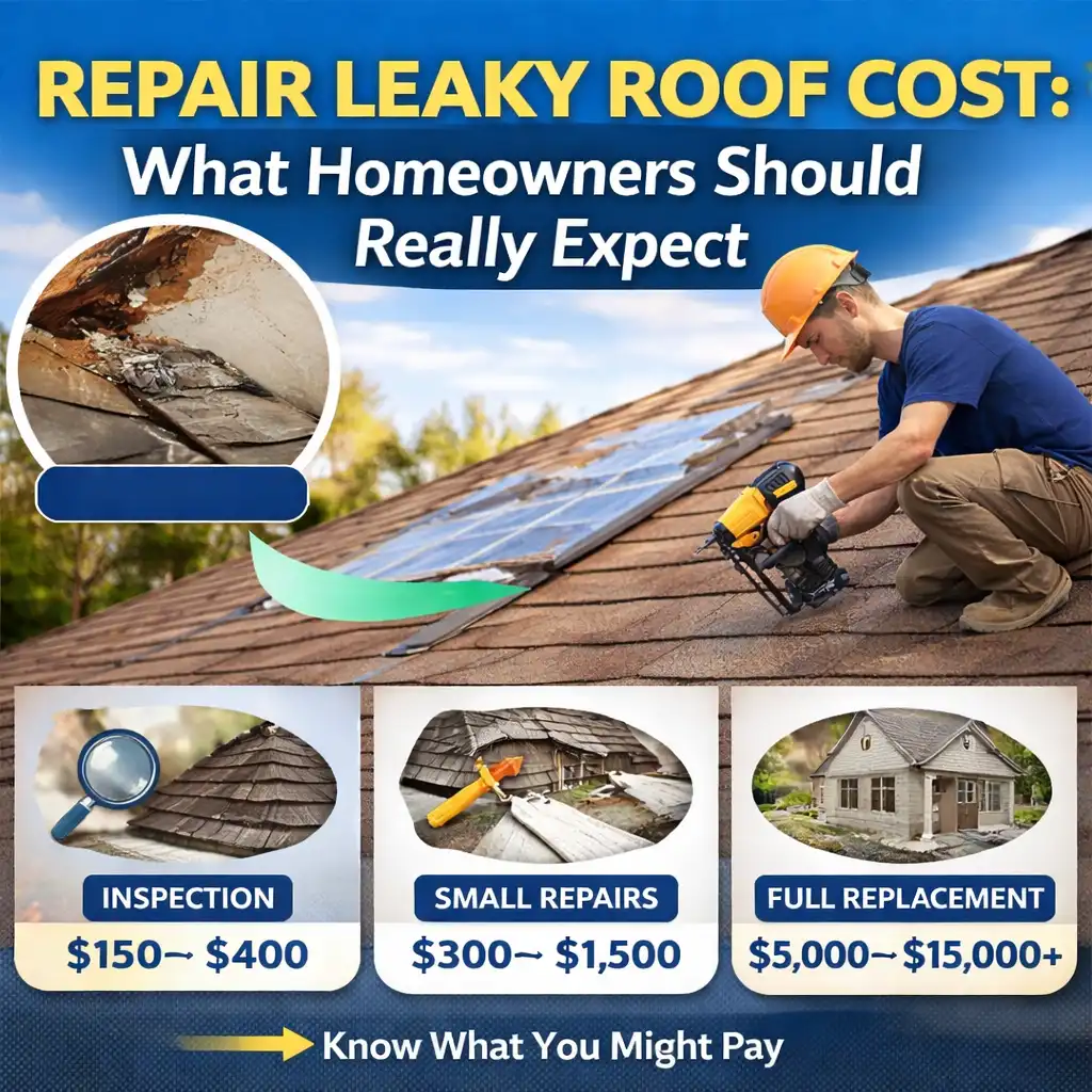 This infographic provides price ranges for different levels of roof maintenance and repair. It features a central image of a roofer using a nail gun on a shingle roof, with a smaller inset showing water damage on an interior ceiling. The bottom of the graphic is divided into three cost-estimate tiers: