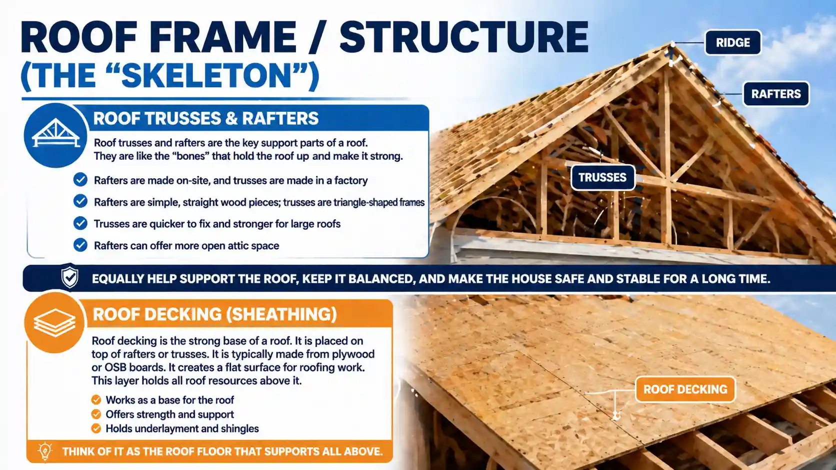 An informative graphic illustrating the roof structure, focusing on roof trusses and rafters that provide support, making the roof strong and stable. It explains how trusses are pre-manufactured and stronger than rafters, while rafters are used for traditional roof designs.