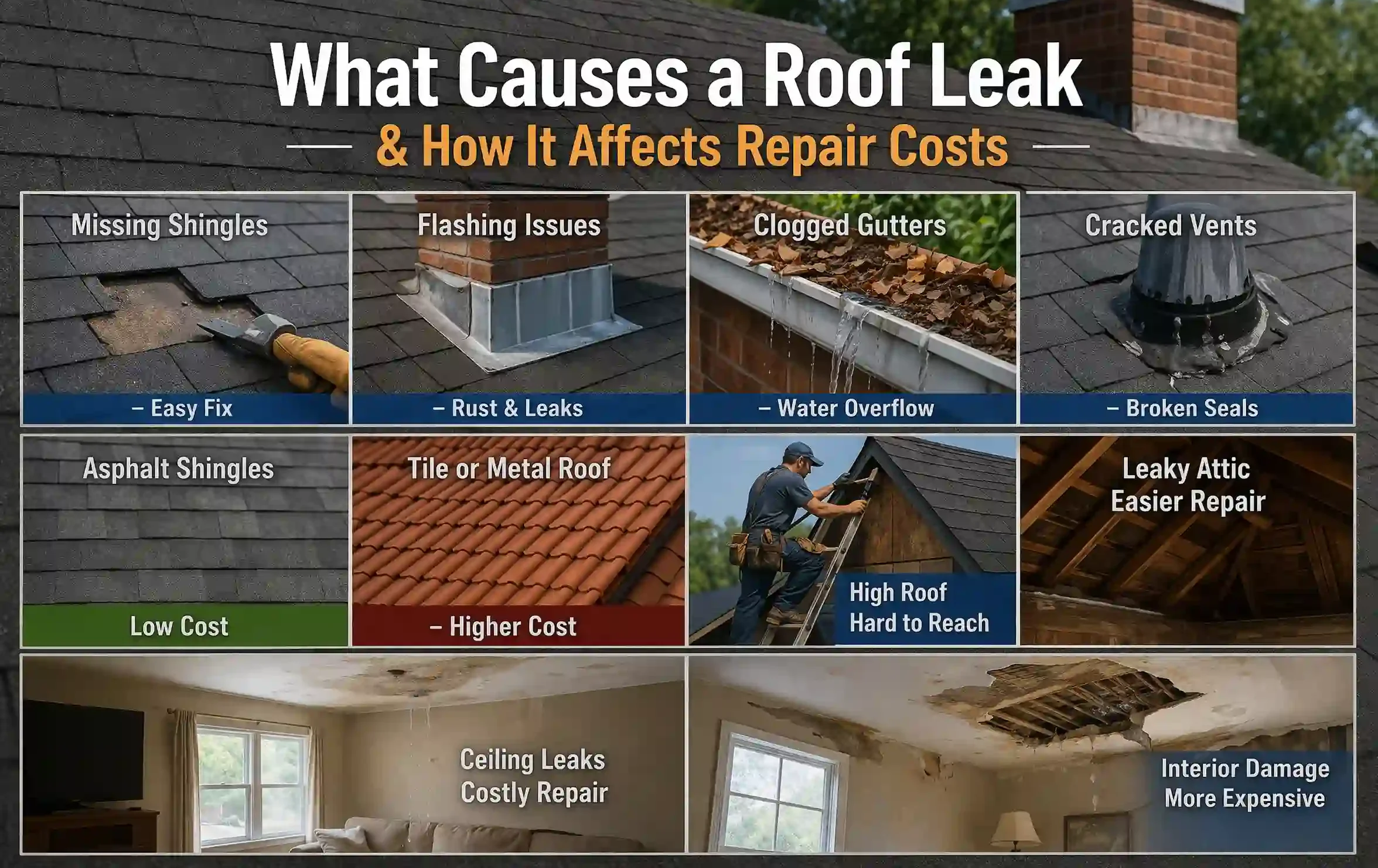 Infographic explaining common causes of roof leaks such as missing shingles, clogged gutters, flashing issues, cracked vents, and leaky attics. Highlights repair cost factors, from low-cost asphalt shingles to higher-cost tile and metal roofs, with considerations for roof height and interior damage.