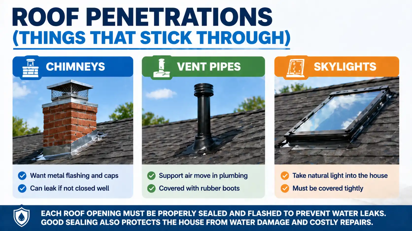 An informative graphic explaining the importance of proper sealing for roof penetrations such as chimneys, vent pipes, and skylights. It details the need for metal flashing and caps for chimneys, rubber boots for vent pipes, and tight coverings for skylights to prevent water leaks and protect the home from damage.