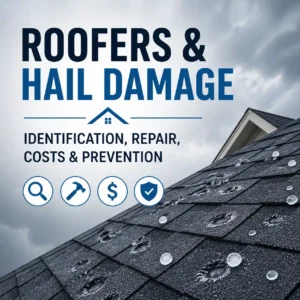 A graphic showing hail damage on a roof, highlighting identification, repair, costs, and prevention.