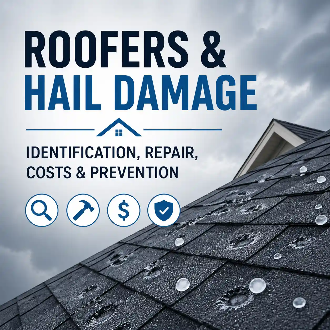 A graphic showing hail damage on a roof, highlighting identification, repair, costs, and prevention.