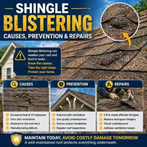 Infographic outlining roof shingle blistering causes like heat, prevention via ventilation, and repair steps.