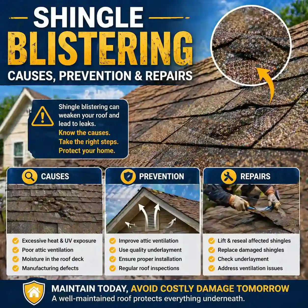 Infographic outlining roof shingle blistering causes like heat, prevention via ventilation, and repair steps.