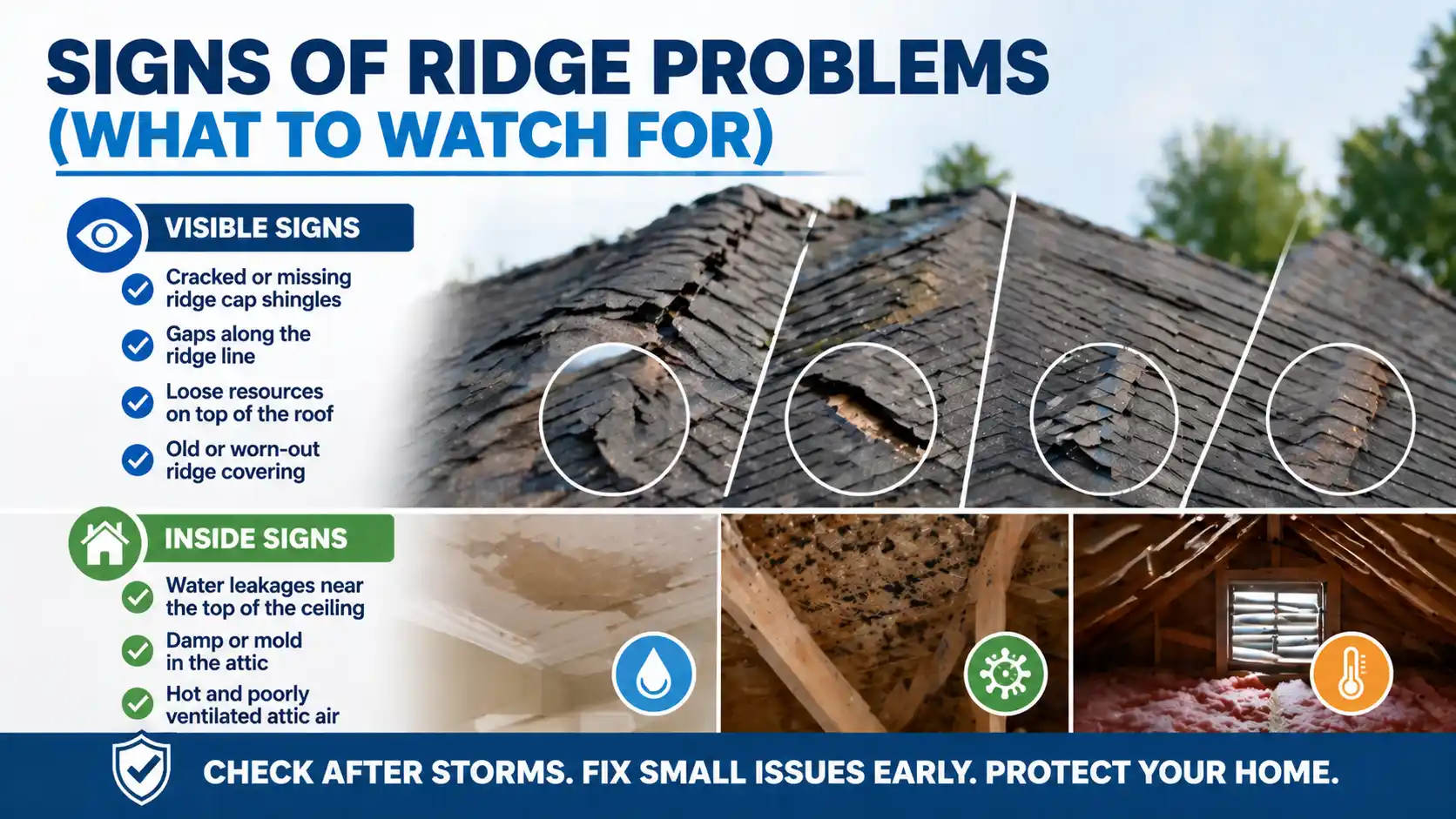 An informative graphic highlighting visible and inside signs of ridge problems, such as cracked or missing ridge cap shingles, gaps along the ridge line, loose resources on top of the roof, and signs of water leakage inside the home. It emphasizes checking after storms and fixing small issues early to protect your home.