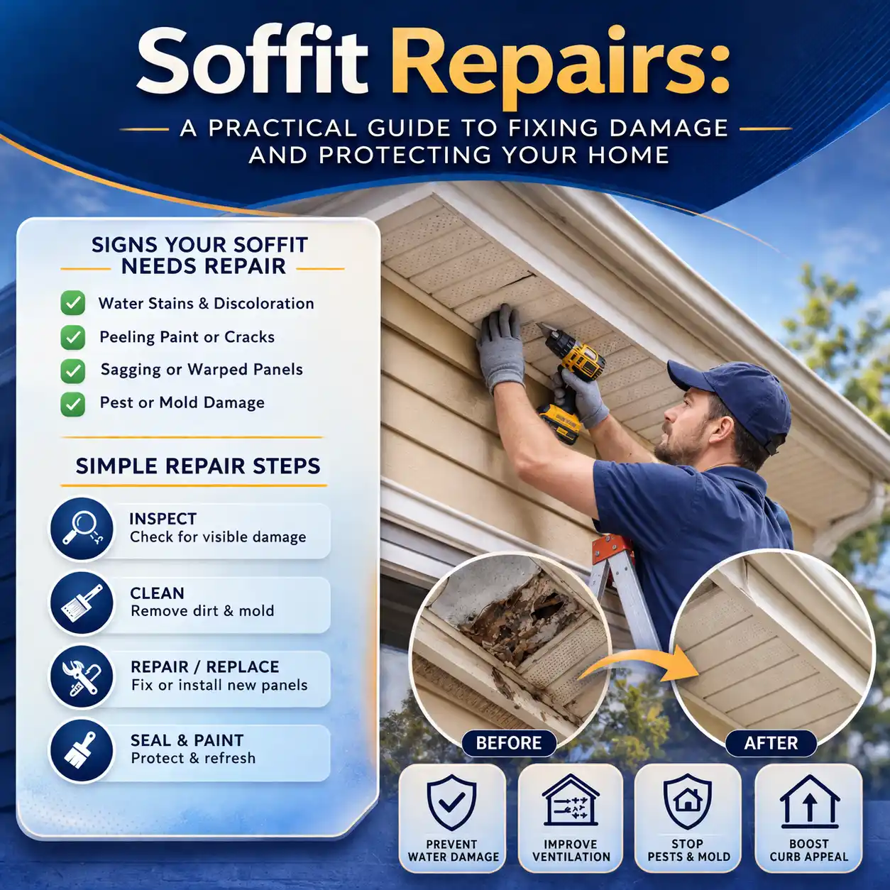 A comprehensive infographic titled "Soffit Repairs: A Practical Guide to Fixing Damage and Protecting Your Home." The graphic includes a checklist of warning signs like water stains, peeling paint, and sagging panels, alongside a four-step repair process: Inspect, Clean, Repair/Replace, and Seal & Paint. A central photo shows a technician using a power drill on a white soffit, with "Before" and "After" circular insets demonstrating the restoration of a rotted eave.