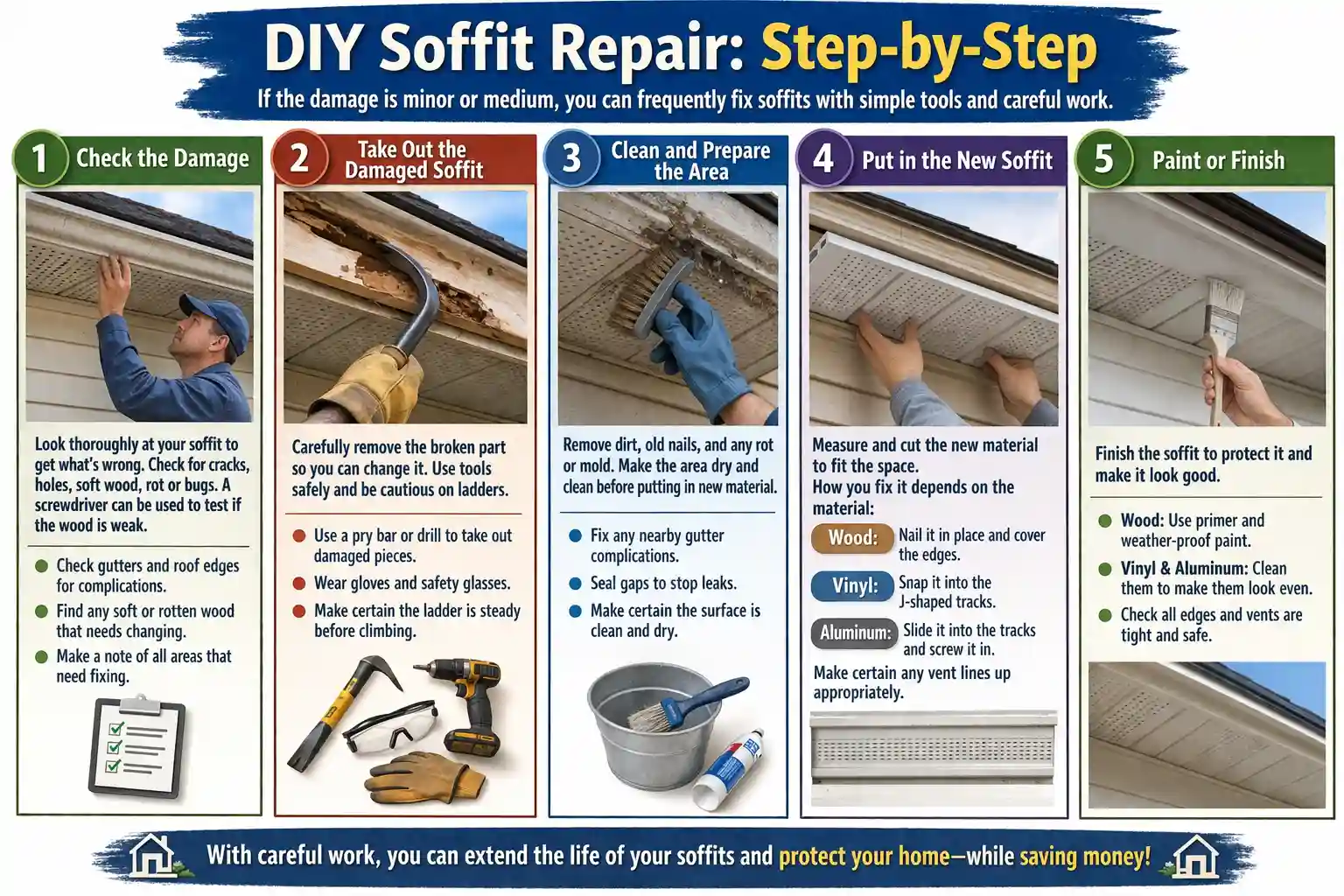 A detailed instructional infographic titled "DIY Soffit Repair: Step-by-Step" illustrating a five-stage process for fixing minor roof damage. The guide covers checking for damage, removing old material, cleaning the area, installing new soffit, and painting. It includes specific tips for wood, vinyl, and aluminum materials, alongside safety reminders like wearing gloves and using steady ladders.