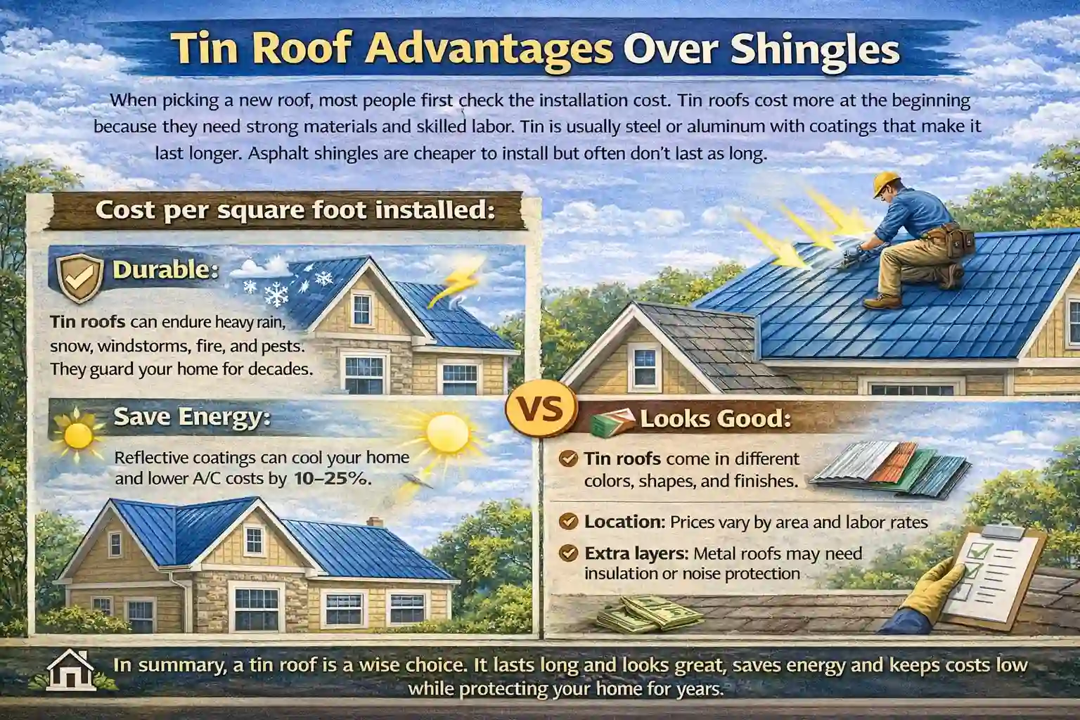 An educational infographic defining a soffit as the underside of a roof's overhang. It highlights key benefits including airflow, pest prevention, moisture control, and aesthetic appeal. The graphic includes a DIY tip section and a visual callout identifying the soffit on a residential home.