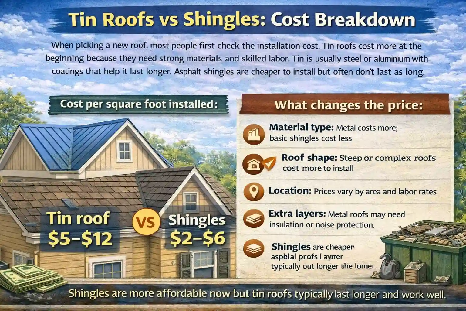 An educational infographic titled "Tin Roofs vs Shingles: Cost Breakdown" comparing the financial aspects of metal and asphalt roofing. The graphic lists the typical installed cost per square foot for Tin Roofs ($5–$12) versus Shingles ($2–$6). It highlights factors that influence pricing, such as material type, roof shape, geographic location, and extra insulation layers, while illustrating both roof types on a suburban house.