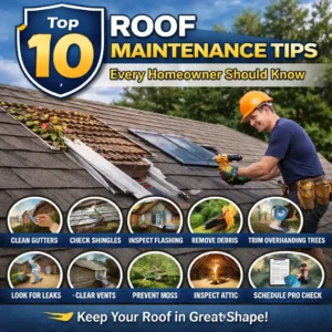 An infographic titled "Top 10 Roof Maintenance Tips" showing a roofing professional in an orange hard hat using a power tool on a shingled roof near a skylight. The bottom of the graphic features ten circular icons detailing specific tips: Clean Gutters, Check Shingles, Inspect Flashing, Remove Debris, Trim Overhanging Trees, Look for Leaks, Clear Vents, Prevent Moss, Inspect Attic, and Schedule Pro Check. The footer reads, "Keep Your Roof in Great Shape!"