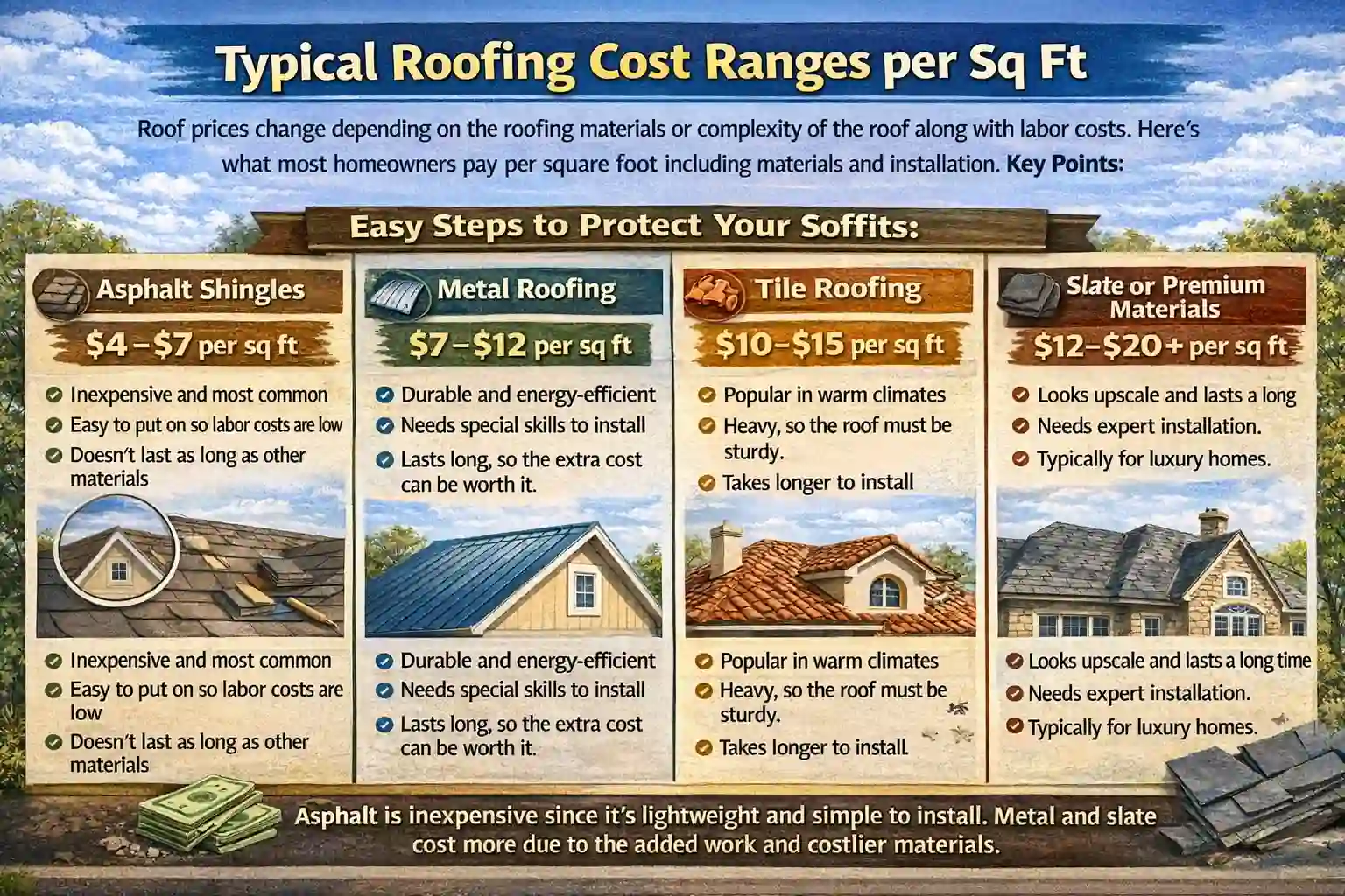 An educational infographic titled "Typical Roofing Cost Ranges per Sq Ft" comparing four major roofing materials and their price points. The graphic provides cost estimates for Asphalt Shingles ($4–$7), Metal Roofing ($7–$12), Tile Roofing ($10–$15), and Slate or Premium Materials ($12–$20+). Each category includes photos of the specific roof type and bullet points detailing benefits and drawbacks, such as durability, energy efficiency, and installation complexity.
