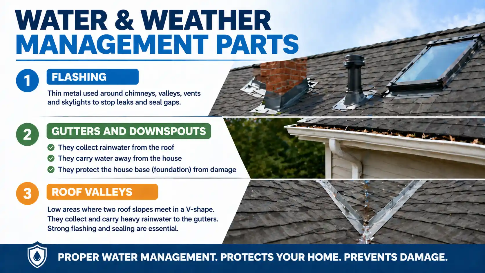 An informative graphic explaining essential roof components for weather management, including flashing to seal leaks, gutters and downspouts to direct water away from the roof, and roof valleys that collect rainwater. The image emphasizes the importance of proper sealing and drainage systems to protect the house from water damage.