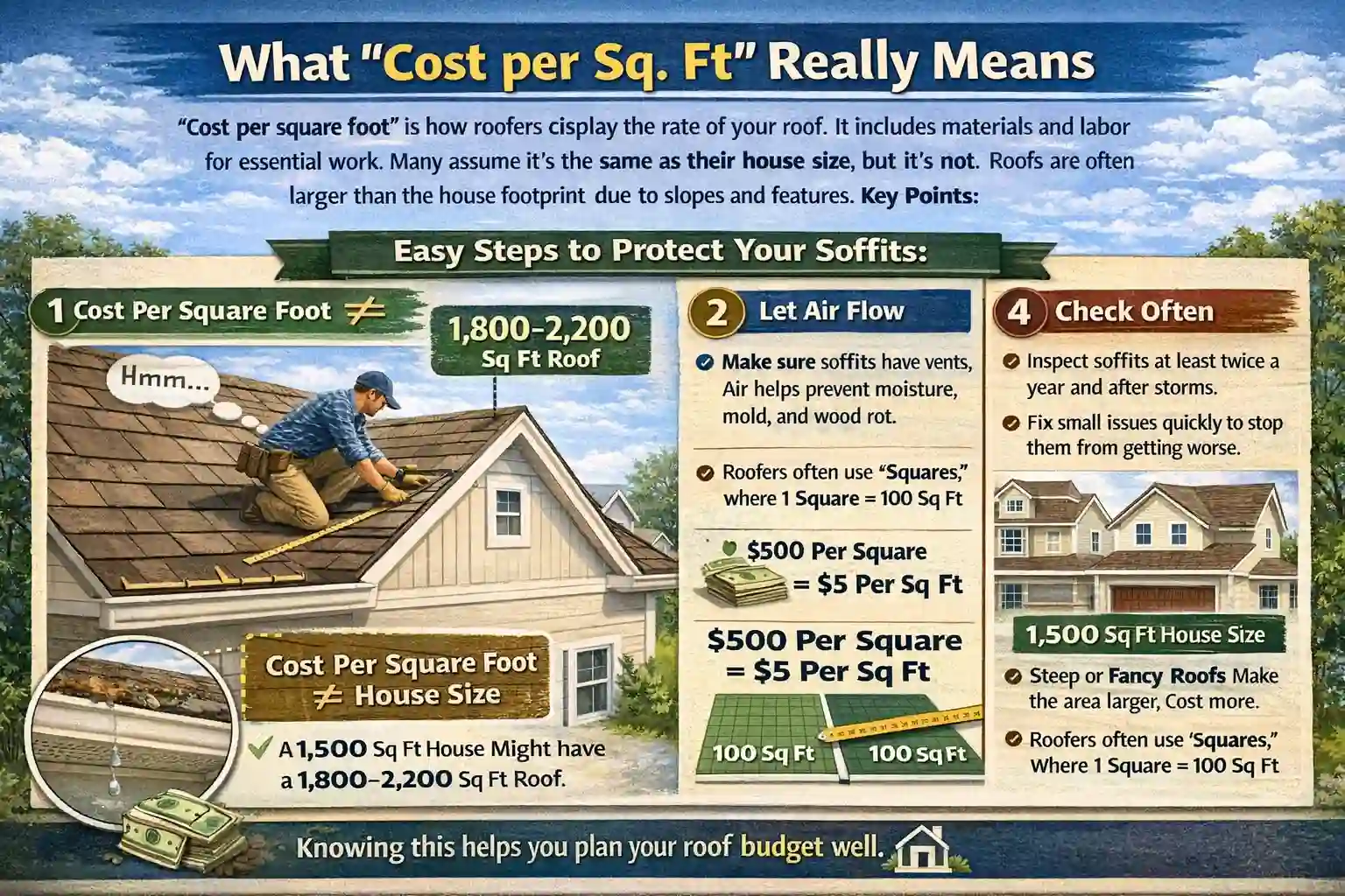 An educational infographic titled "What 'Cost per Sq. Ft' Really Means" that clarifies how roofing estimates are calculated. It explains that roof size is not equal to house size due to slopes and features, noting that a 1,500 sq. ft. house may have a roof between 1,800 and 2,200 sq. ft. The graphic also defines a "Square" as 100 sq. ft. and illustrates a roofer measuring shingles to help homeowners budget effectively.
