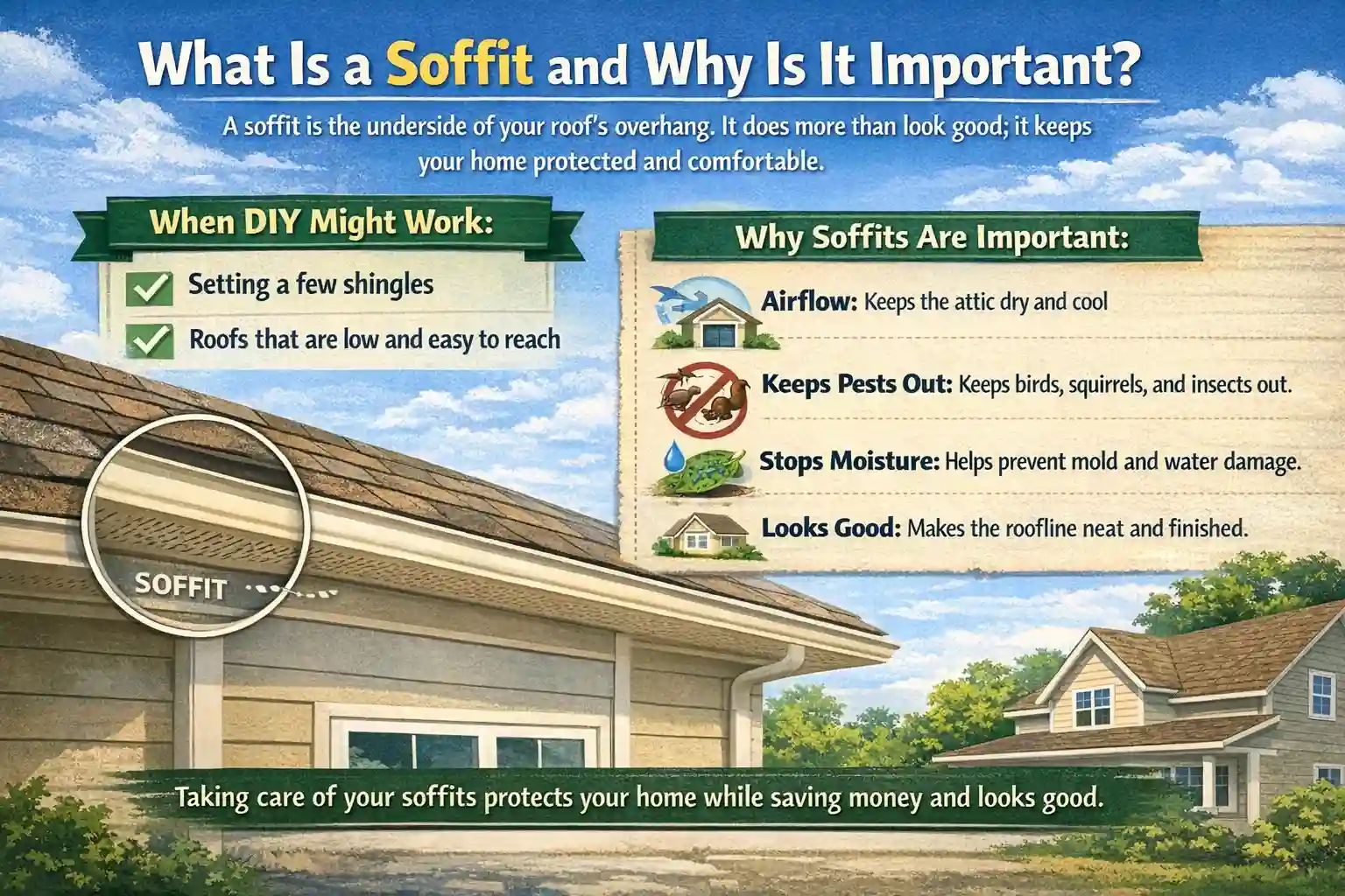 An educational infographic titled "What Is a Soffit and Why Is It Important?" featuring an illustration of a suburban home. The graphic defines a soffit as the underside of a roof's overhang and highlights its functional benefits, including airflow, pest prevention, and moisture control. It also provides a brief "When DIY Might Work" checklist for roof repairs.
