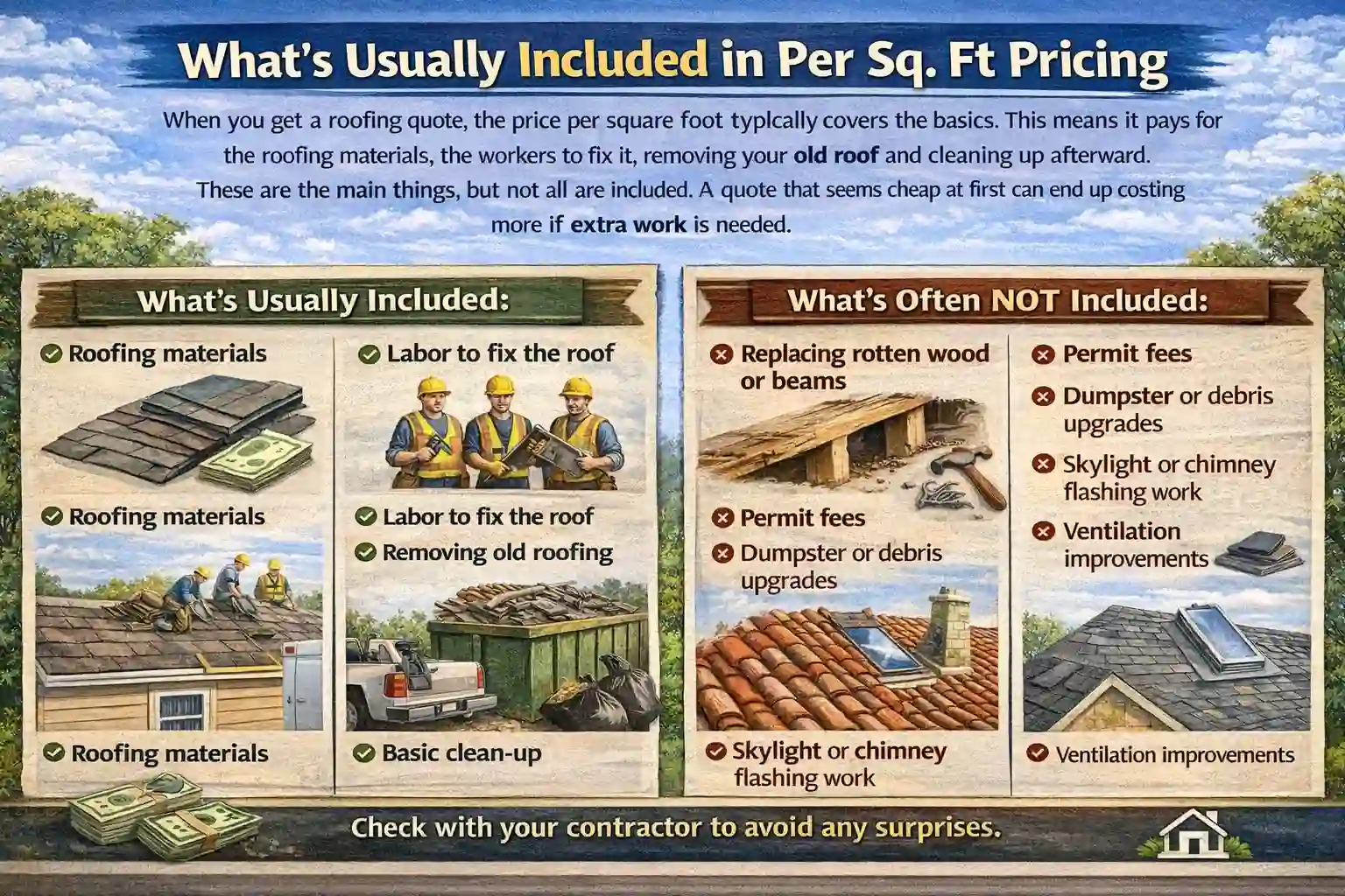 An educational infographic titled "What's Usually Included in Per Sq. Ft Pricing" that compares standard roofing quote inclusions versus common exclusions. The graphic uses a split-panel design to list included services like materials, labor, and basic cleanup, and excluded costs such as replacing rotten wood, permit fees, and skylight work. Illustrations show roofers at work, debris removal, and structural issues like rotting beams to help homeowners avoid unexpected expenses.