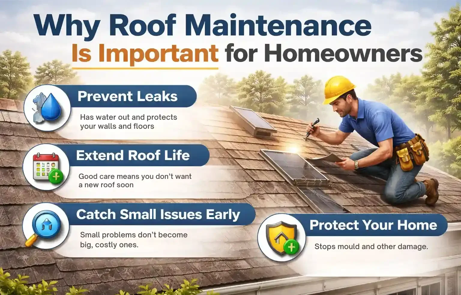 An infographic titled "Why Roof Maintenance Is Important for Homeowners" featuring a professional worker in a yellow hard hat inspecting a shingled roof. The graphic highlights four key benefits of roof maintenance: Prevent Leaks, Extend Roof Life, Catch Small Issues Early, and Protect Your Home, each accompanied by a representative icon and placeholder text.
