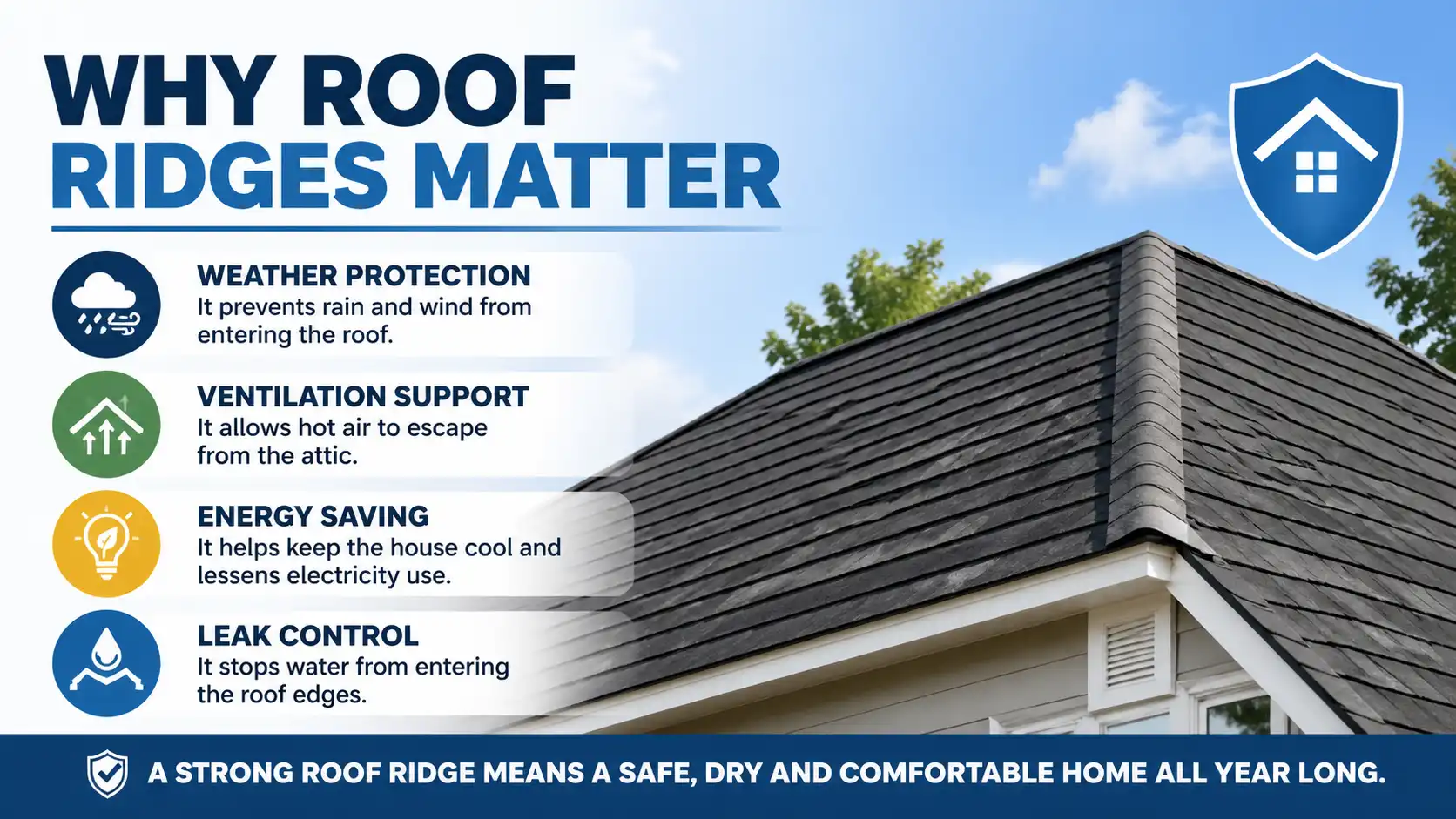An informative graphic explaining the importance of roof ridges, covering their role in weather protection, ventilation support, energy savings, and leak control. It emphasizes the value of a strong roof ridge for a safe, dry, and comfortable home.