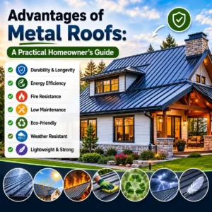 featured image showing a modern home with a durable metal roof and infographic icons highlighting energy efficiency, fire resistance, low maintenance, eco-friendly benefits, and weather protection for homeowners.