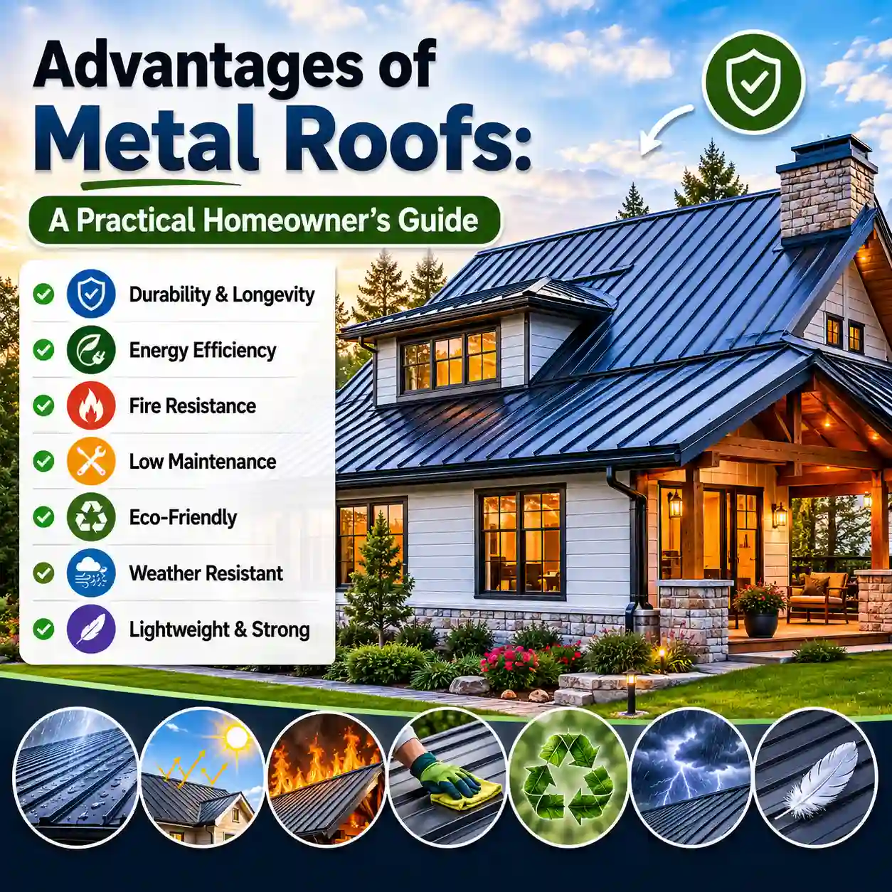 featured image showing a modern home with a durable metal roof and infographic icons highlighting energy efficiency, fire resistance, low maintenance, eco-friendly benefits, and weather protection for homeowners.