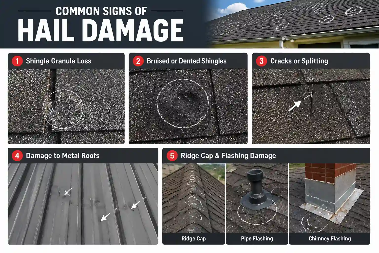 An informative graphic displaying common signs of hail damage to roofs, including shingle granule loss, bruised or dented shingles, cracks or splitting, damage to metal roofs, and ridge cap & flashing damage. The graphic emphasizes the importance of early detection, fixing damage fast, and preventing leaks to protect your home