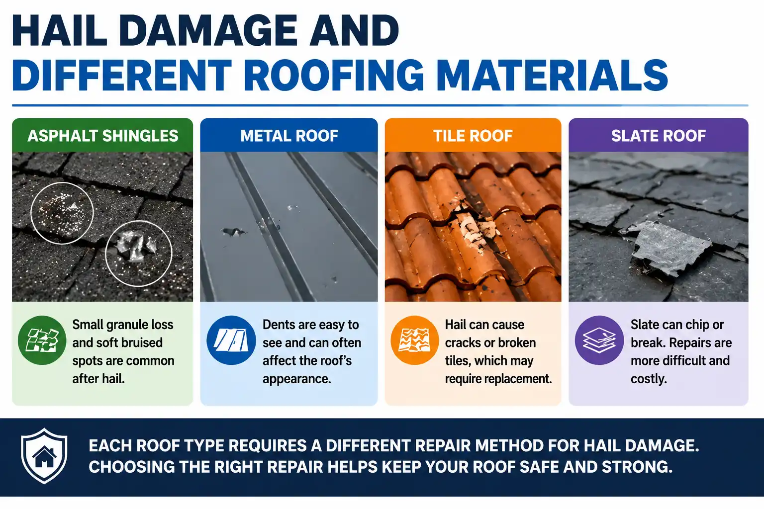 An informative graphic showing how hail damage affects different types of roofing materials, including asphalt shingles, metal roofs, tile roofs, and slate roofs. It highlights the common issues for each material, such as small shingle loss, denting on metal, cracks or broken tiles, and the potential for slate to chip or break. The graphic emphasizes that each roof type requires a different repair method for hail damage.