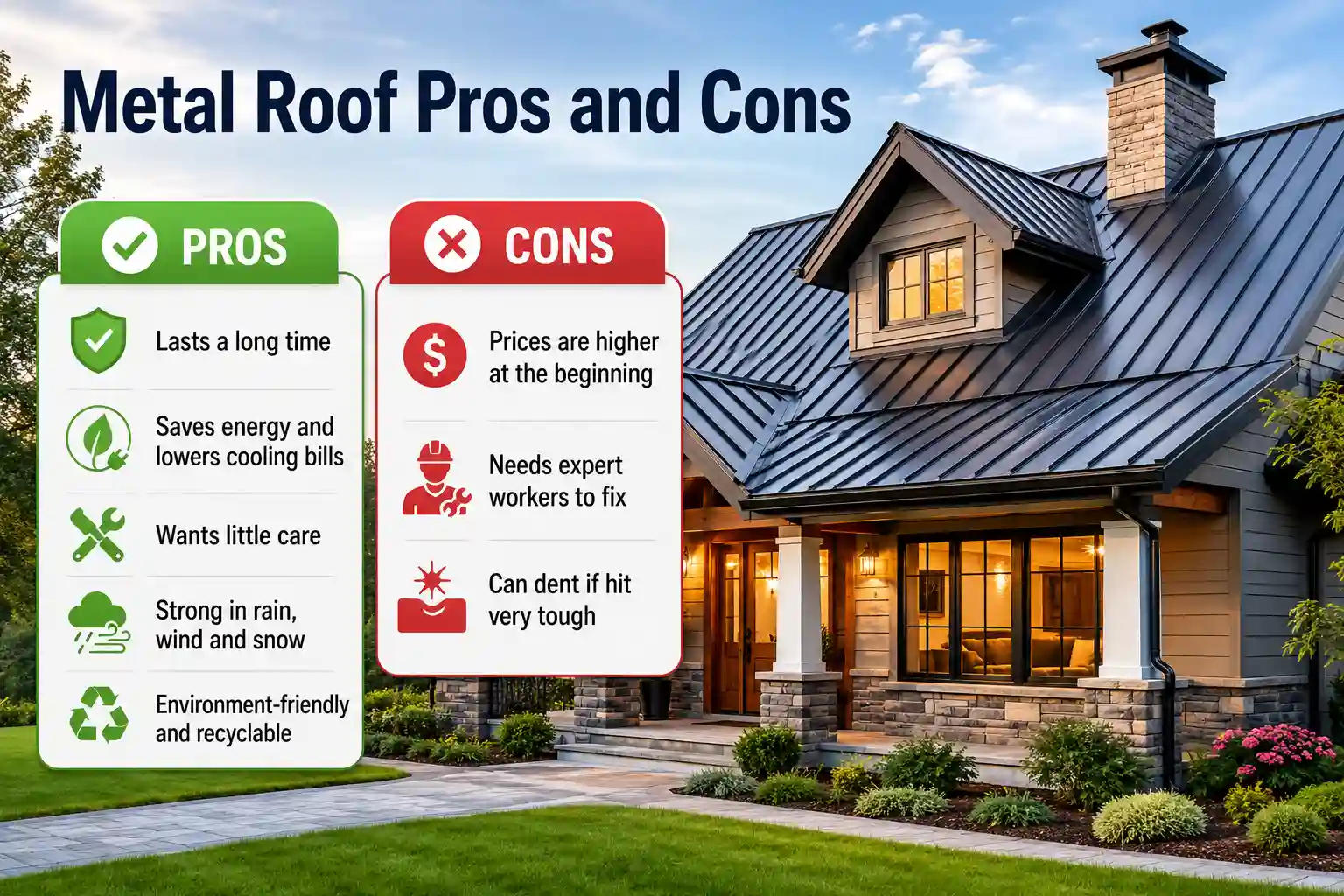 Realistic infographic showing metal roof pros and cons on a modern house with a black metal roof, highlighting durability, energy efficiency, low maintenance, weather resistance, recyclability, higher installation costs, expert installation needs, and dent risks.