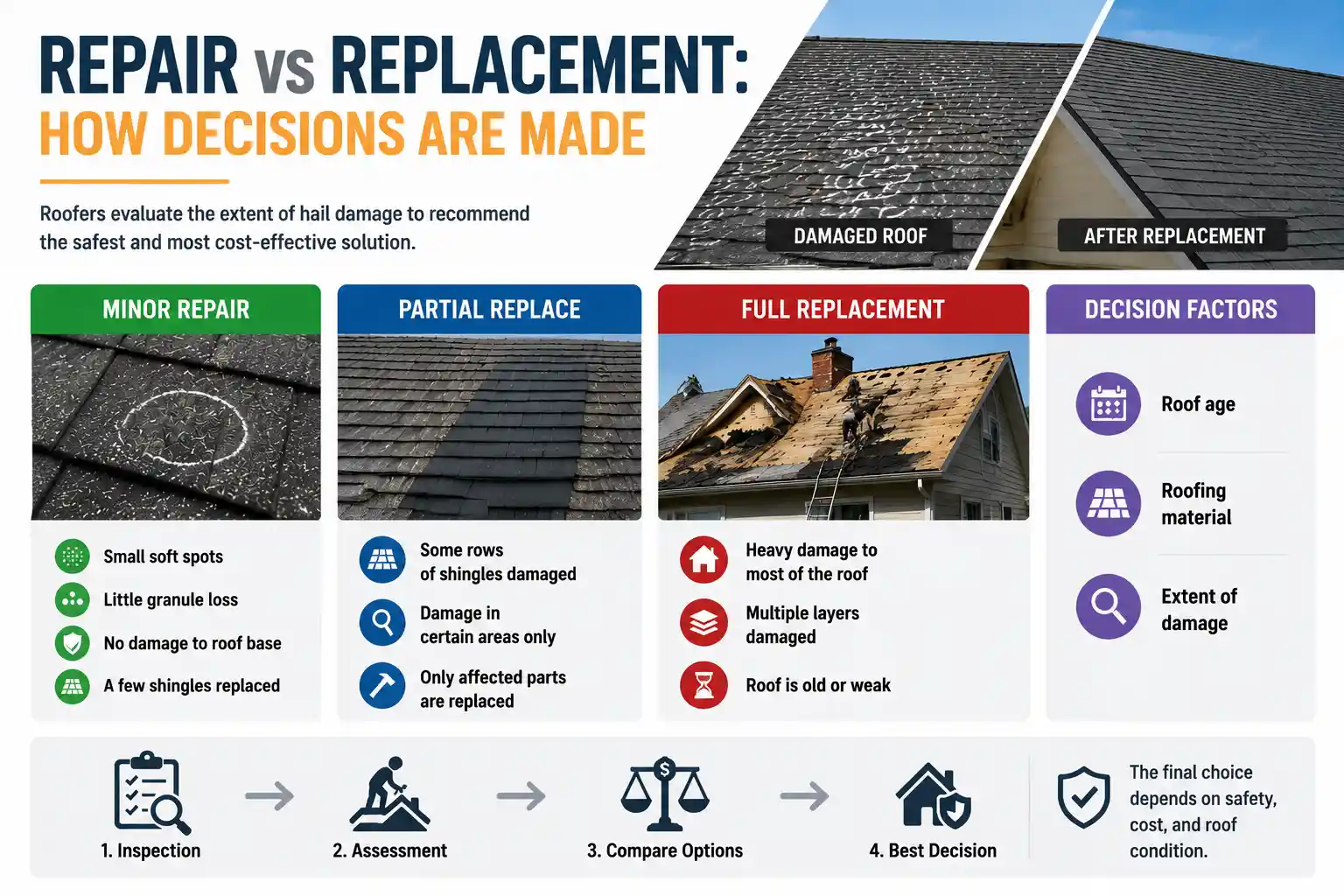 An informative graphic comparing the decision-making process for roof repair and replacement. It highlights minor repairs, partial replacements, and full replacements based on factors like the extent of damage, the age of the roof, the type of roofing material, and how much damage is present. The graphic also emphasizes the importance of a full inspection to determine the best course of action for the roof's longevity and safety.