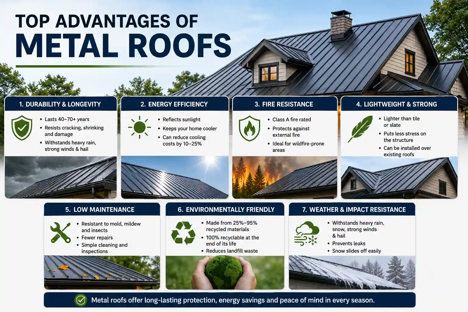 Realistic infographic showing the top advantages of metal roofs on a modern home, including durability, energy efficiency, fire resistance, lightweight structure, low maintenance, eco-friendly materials, and strong weather resistance against rain, snow, wind, and hail.